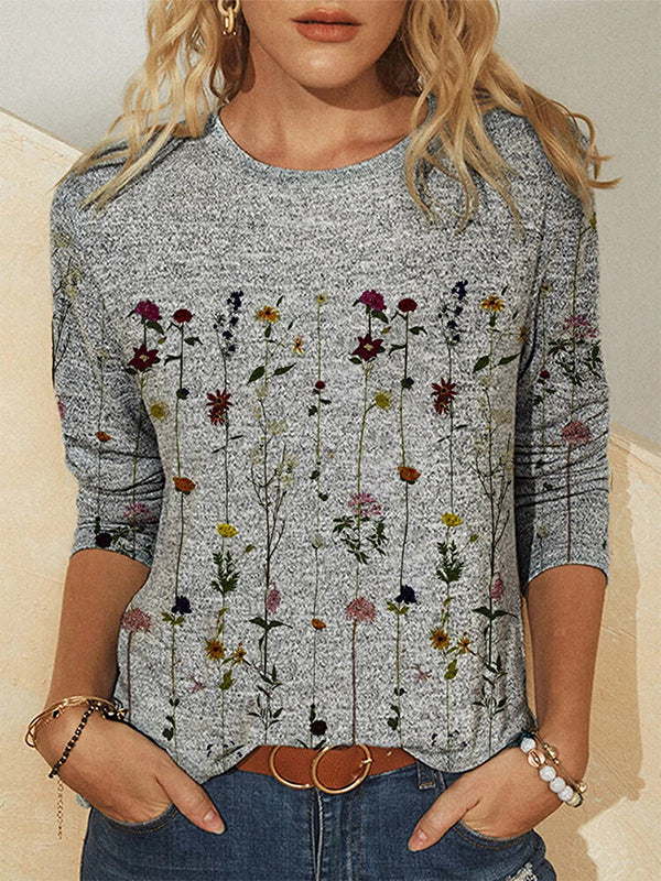 Comfysol Gray Casual Round Neck Long Sleeve Floral Printed Sweatshirts