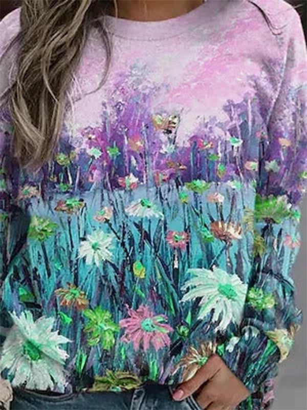 Comfysol Multicolor Casual Graphic Tops Round Neck Long Sleeve Floral Printed Sweatshirts