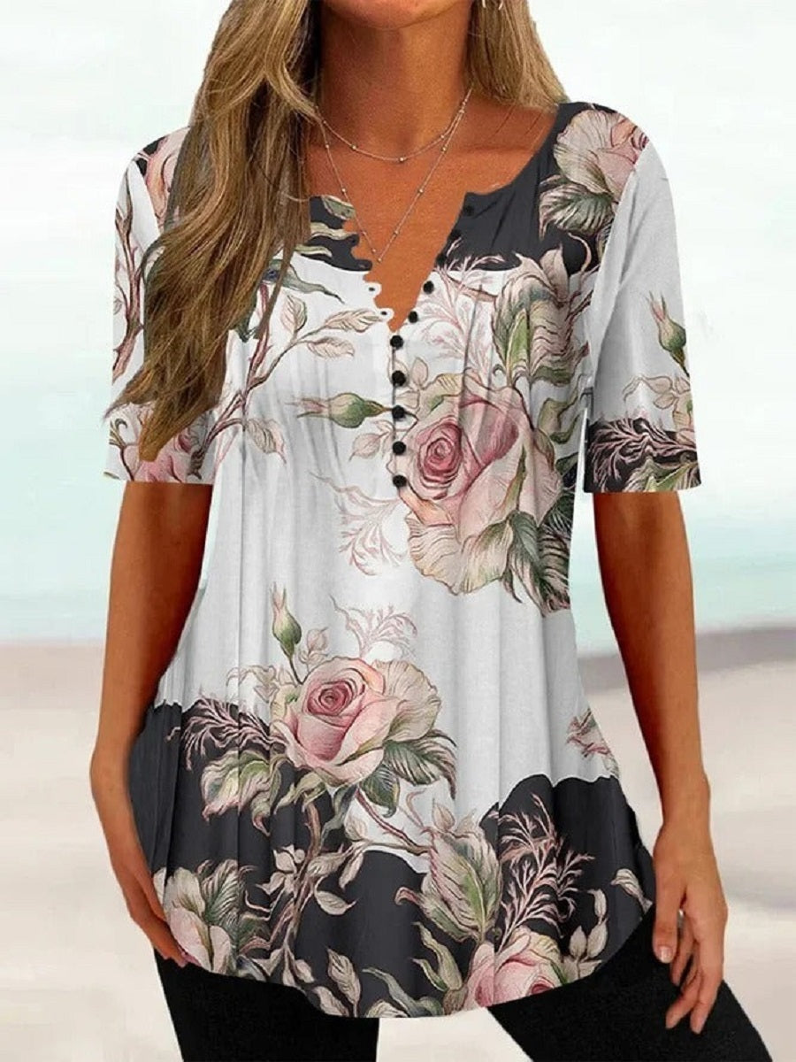 Comfysol Multicolor Casual V Neck Floral Printed Short Sleeve Blouse