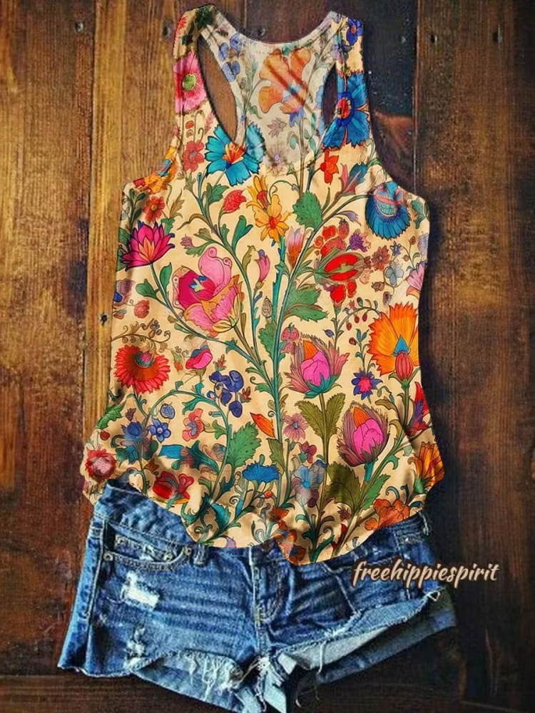 Women's Vintage Indian Folk Floral Art Print Tank Top