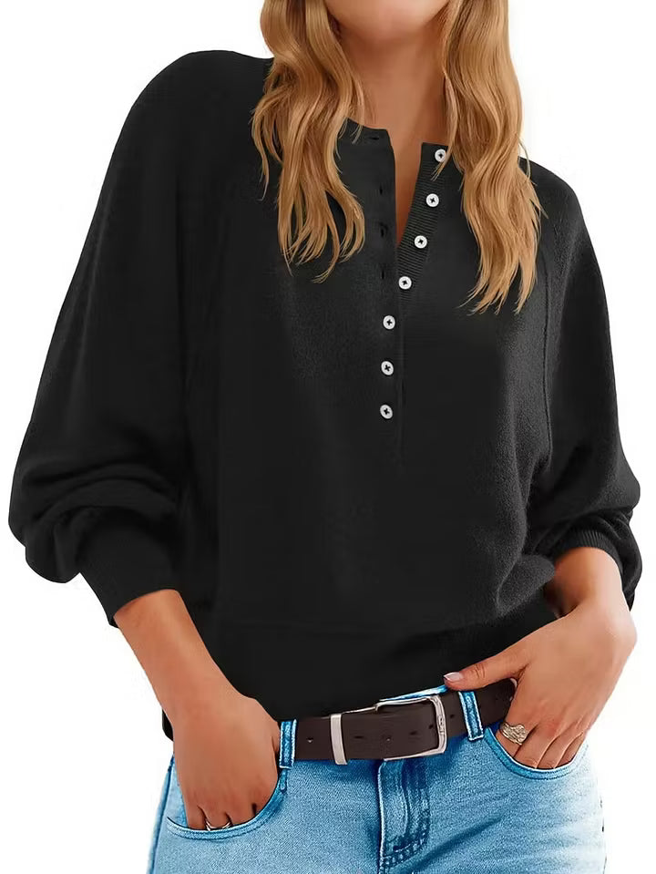 Womens Henley Button Fall Long Sleeve Loose Knit Pullover Top