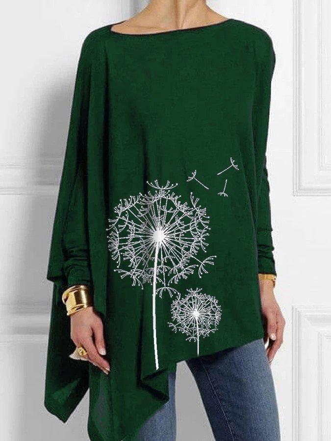 Comfysol Dandelion Print Asymmetric Hem Loose Long Sleeve Casual Blouse