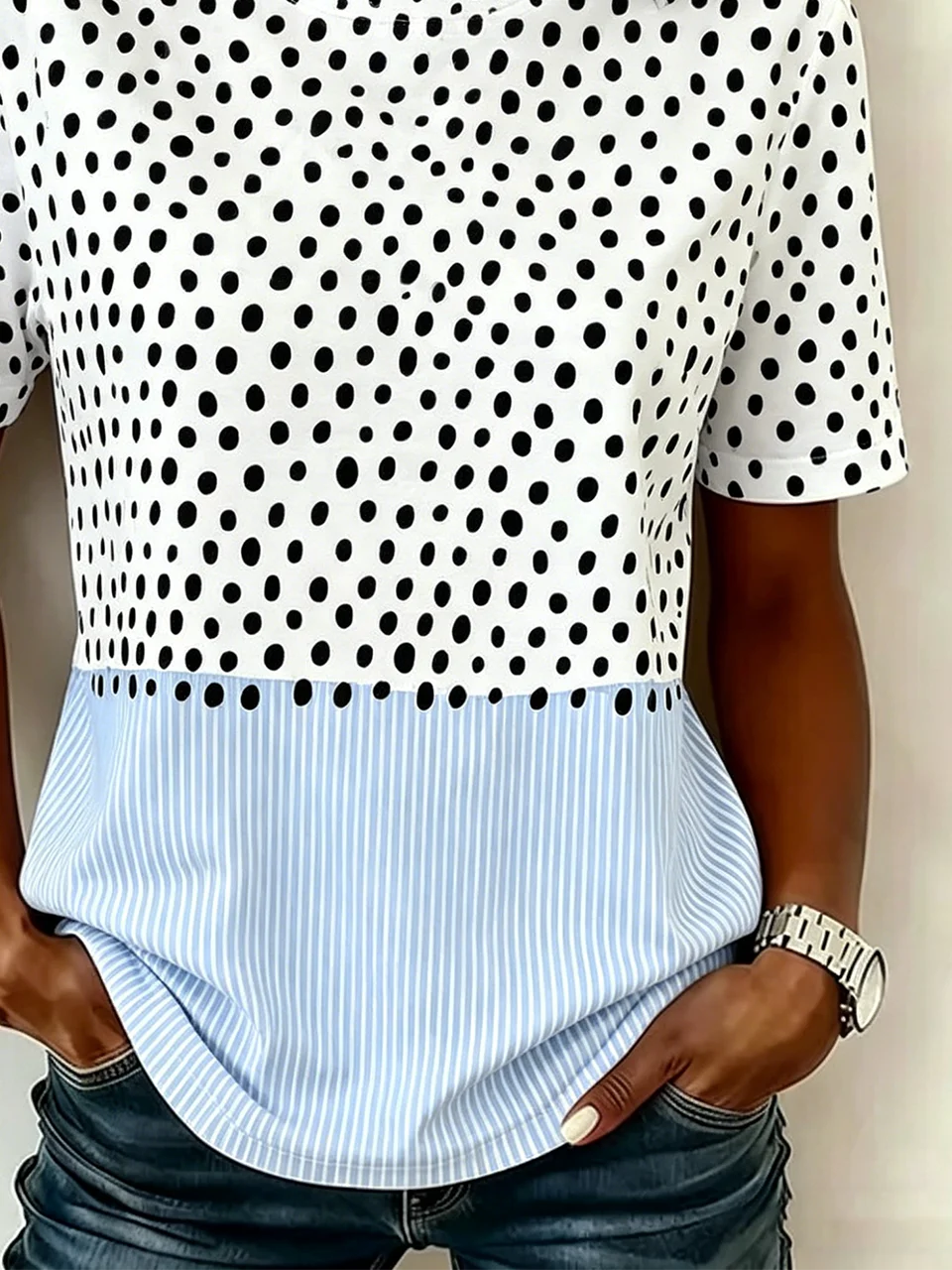 Blue White Polka Dot Striped Casual Short Sleeve Tee