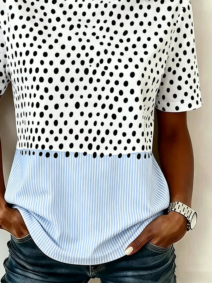 Blue White Polka Dot Striped Casual Short Sleeve Tee