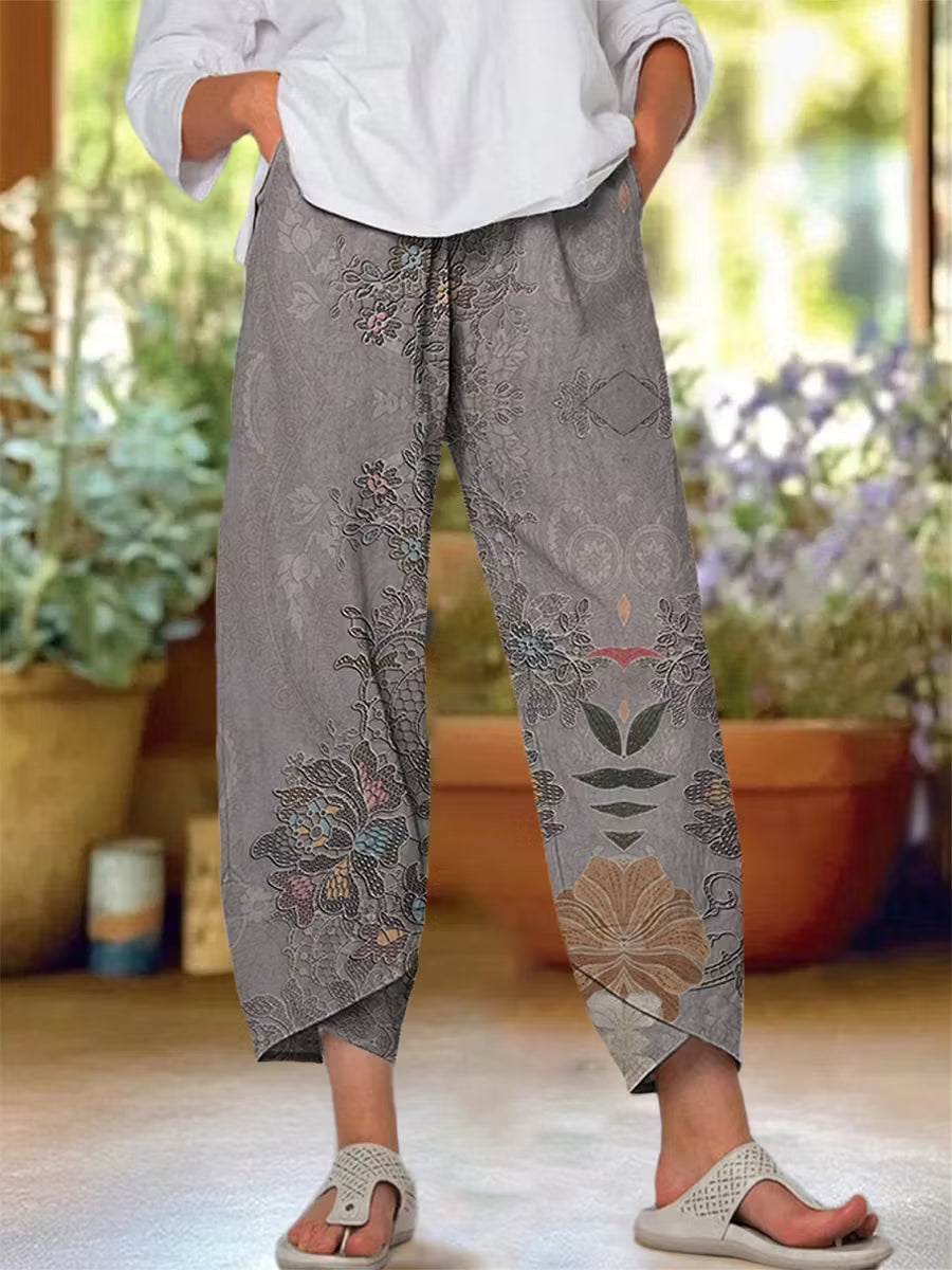 Women's Retro Tattoo Pattern Art Print Cotton Linen Casual Pants