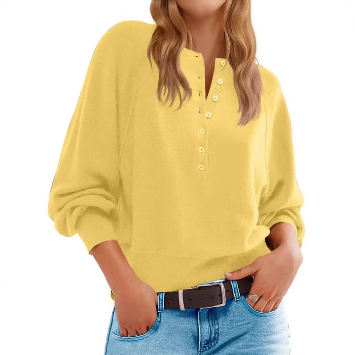 Womens Henley Button Fall Long Sleeve Loose Knit Pullover Top