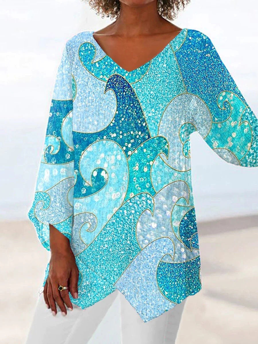 Comfysol Colorful Casual V Neck Printed Long Sleeve Blouse