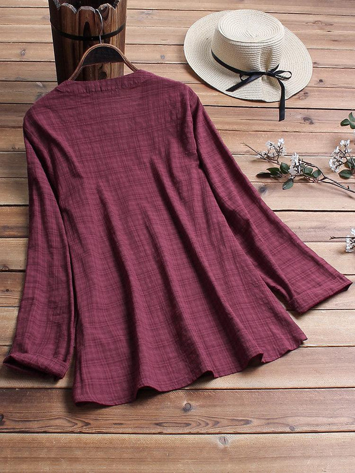 Comfysol Vintage Plaid Side Button V-neck Long Sleeve Blouse