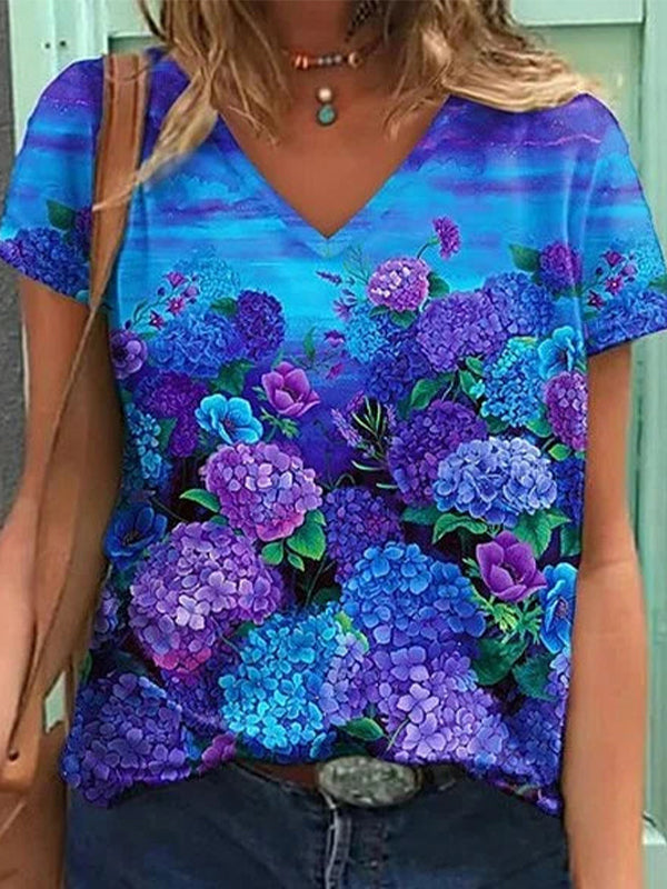 Comfysol Casual V-neck Short Sleeve Floral Printed Blouse