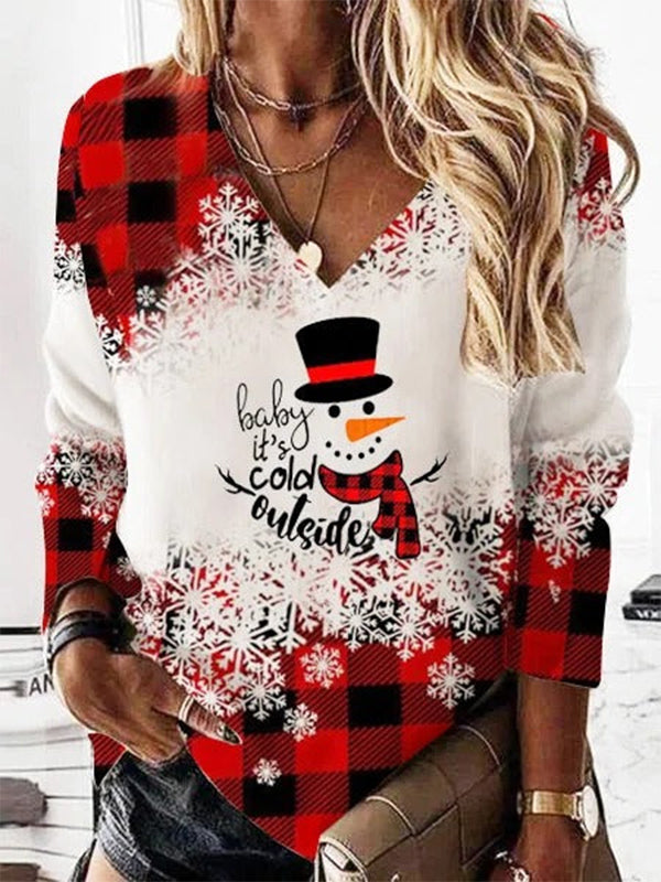 Comfysol Red Casual Graphic Tops V-neck Long Sleeve Snowman Printed Xmas Sweatshirts