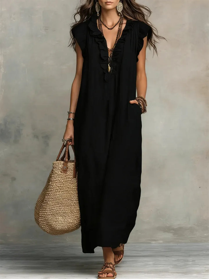 Elegant Ruffled Cotton Linen Dress – Casual Loose Fit Midi Dress