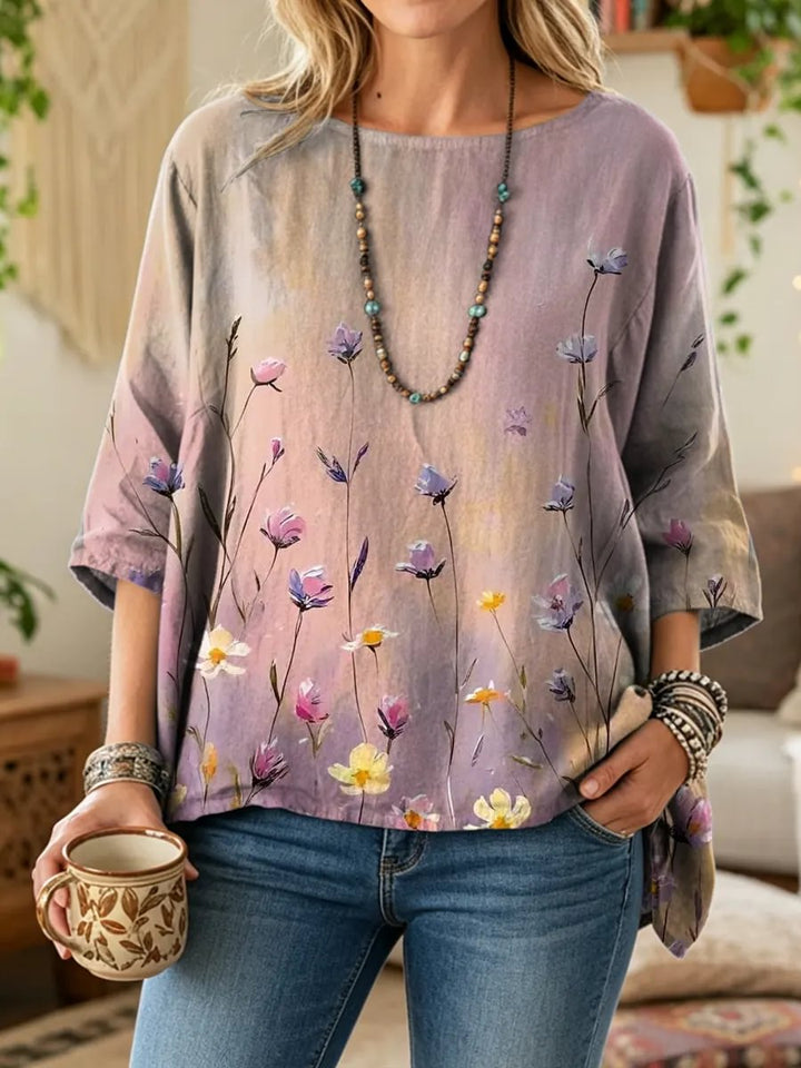 Ethnicity Flowers Women's Art Print Casual 3/4 Sleeve Cotton Top