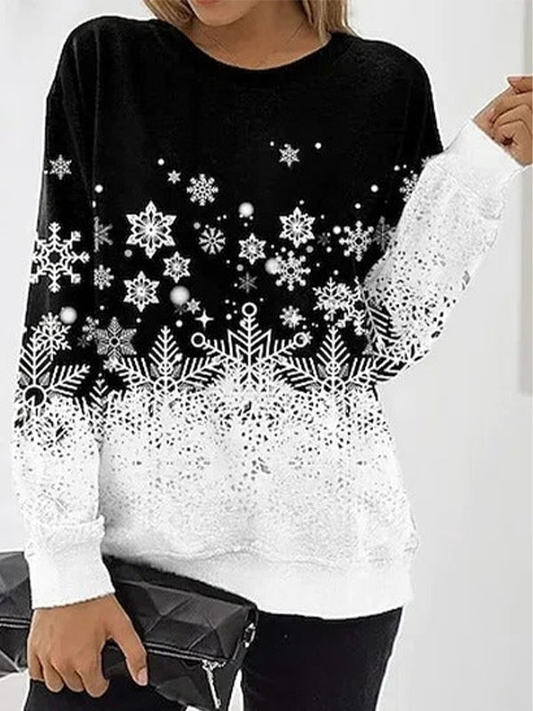 Comfysol Black-white Casual Graphic Tops Round Neck Long Sleeve Snowflake Printed Xmas Sweatshirts