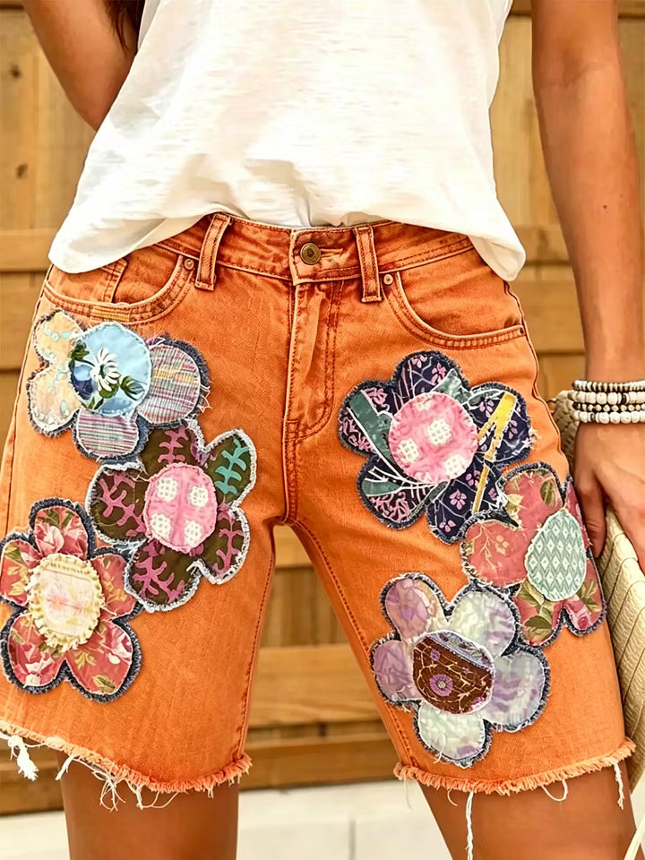 Women Ethnic Floral Print Denim Shorts