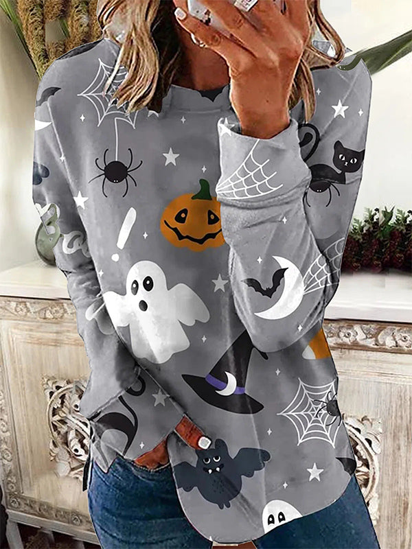 Comfysol Gray Casual Graphic Tops Round Neck Long Sleeve Halloween Printed Sweatshirts