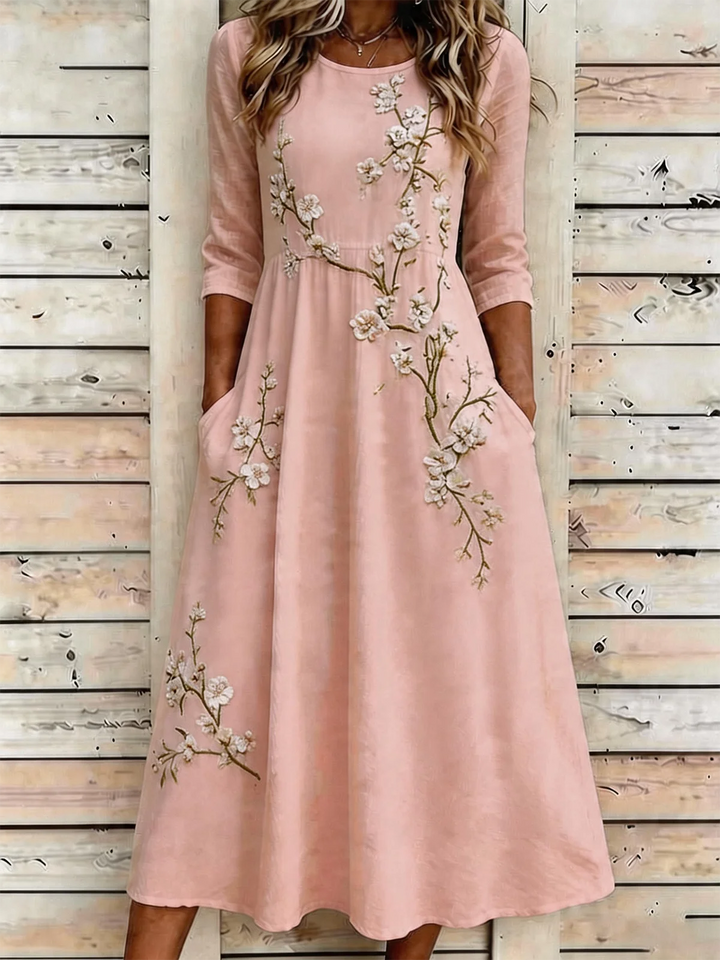 Round Neck Floral Embroidered Maxi Dress with Pockets