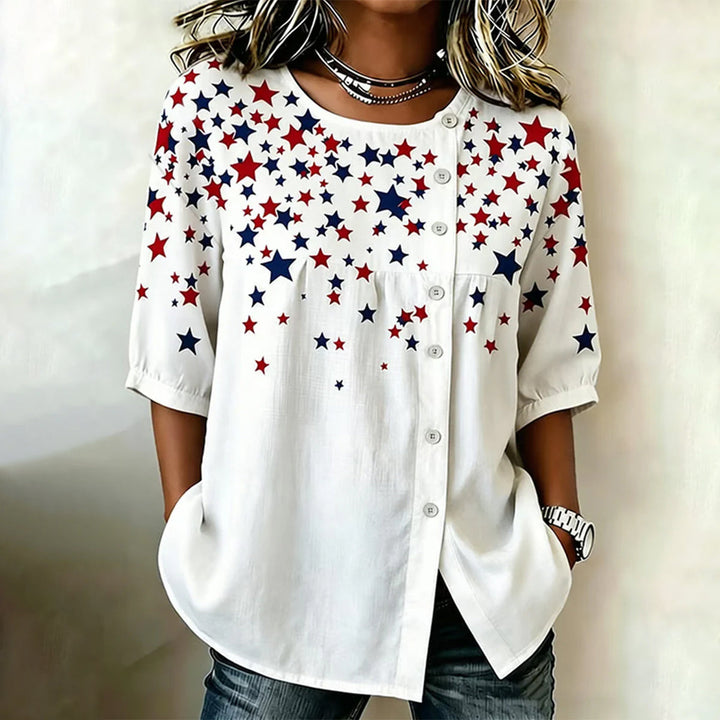 Patriotic Star Print Button-Detail Casual Blouse