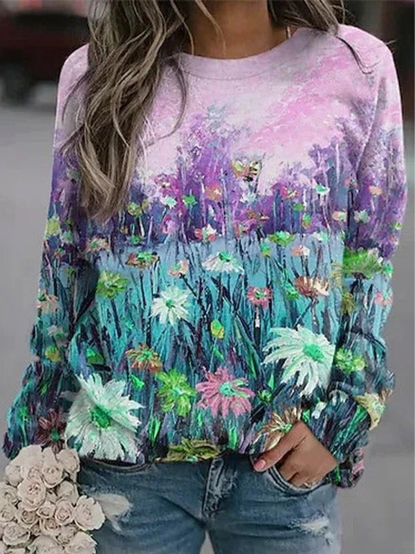 Comfysol Multicolor Casual Graphic Tops Round Neck Long Sleeve Floral Printed Sweatshirts