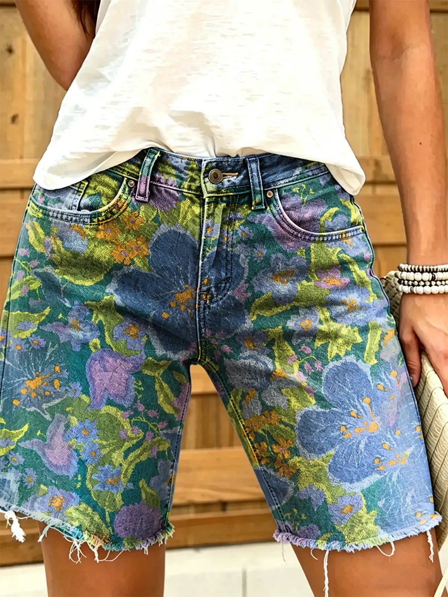 Women's Vintage Floral Print Denim Shorts