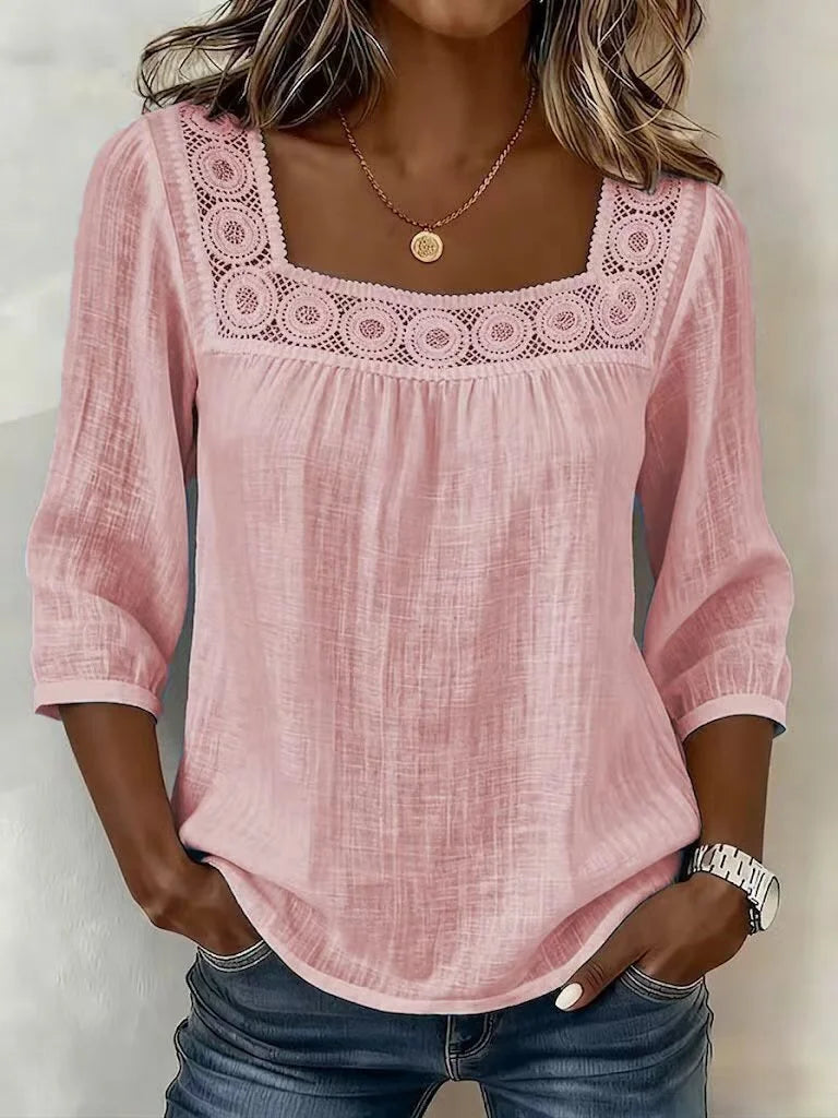Square Neck Half Sleeve Plain Regular Loose Blouse For Women