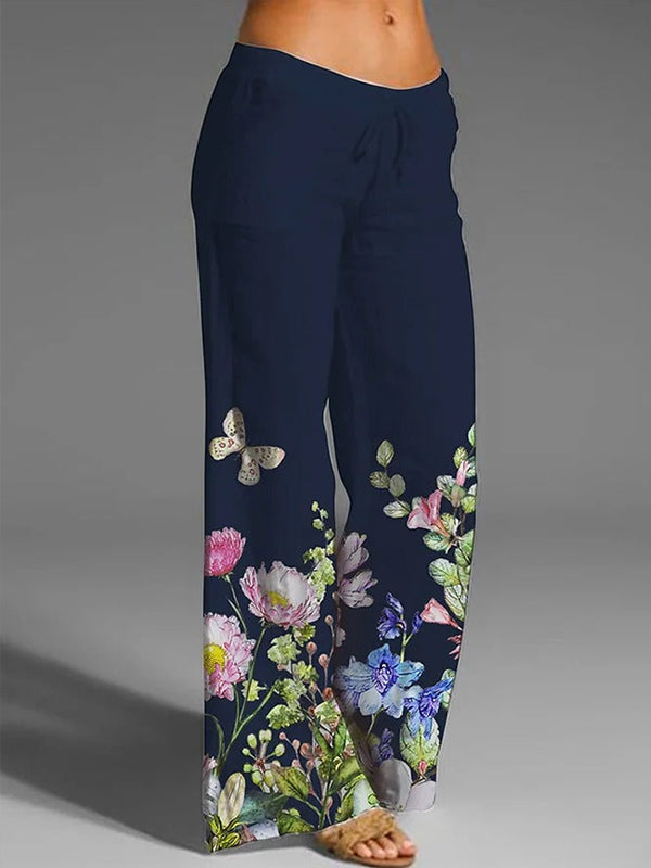 Comfysol Dark Blue Casual Floral Printed Pants