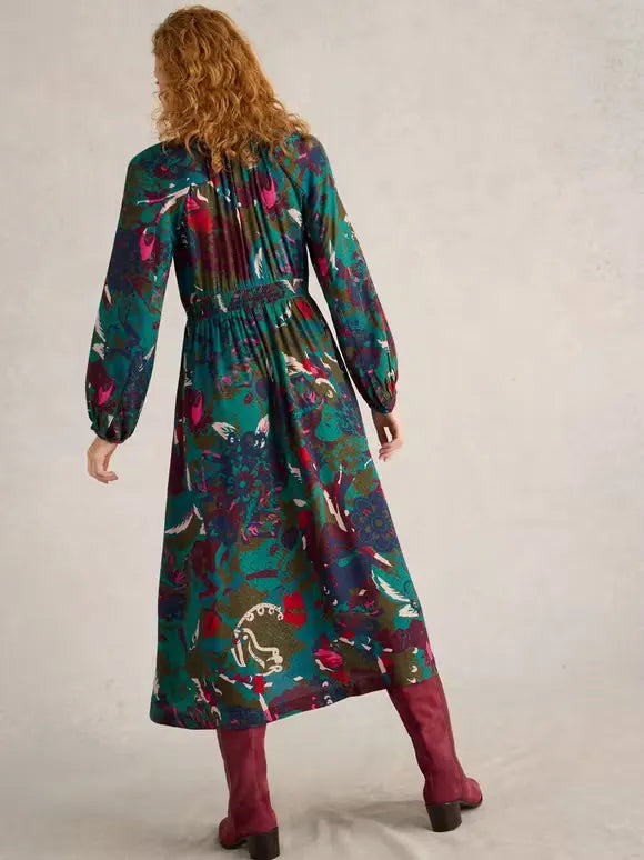 Green Print Midi Dress – Elegant Boho Vacation Dress for Women