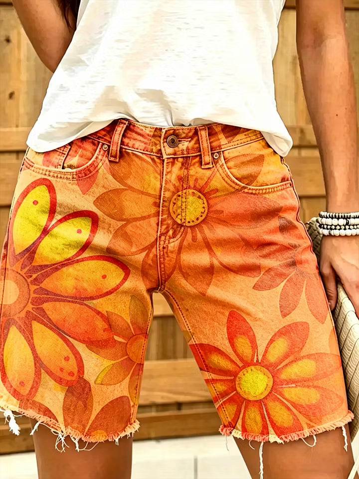 Rainbow Tie Dye Daisy Floral Raw Hem Denim Shorts