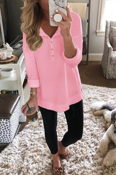 Comfysol Solid Color Buttons Casual V-neck Long Sleeve T-shirt