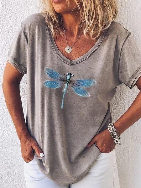 Comfysol Dragonfly Printed Casual V-neck Short Sleeve T-shirt