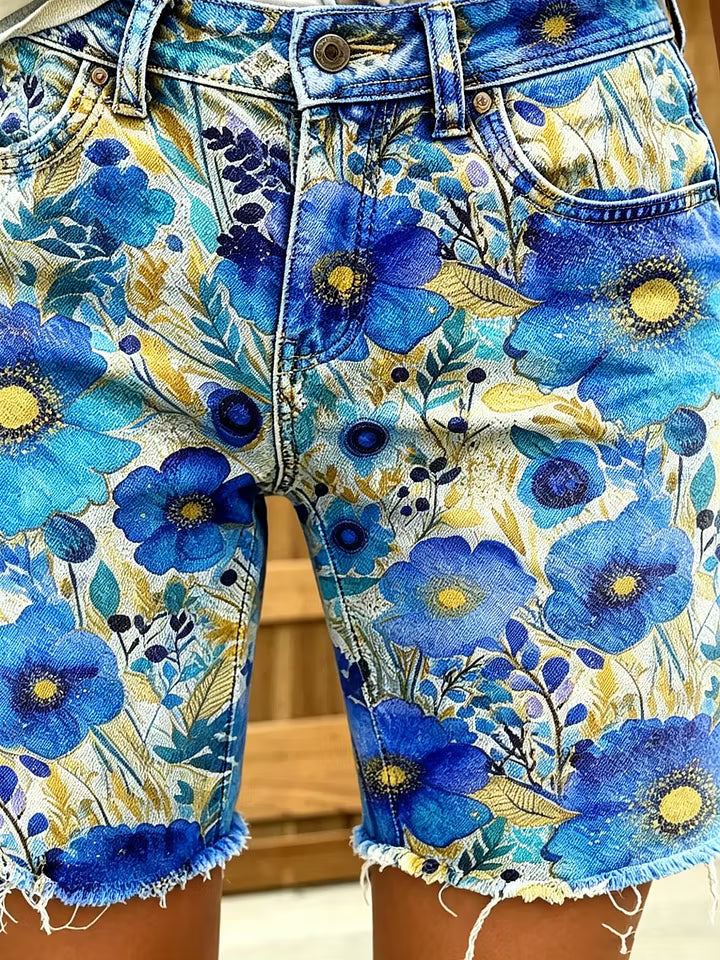Women's Floral Watercolor Print Frayed Hem Denim Shorts