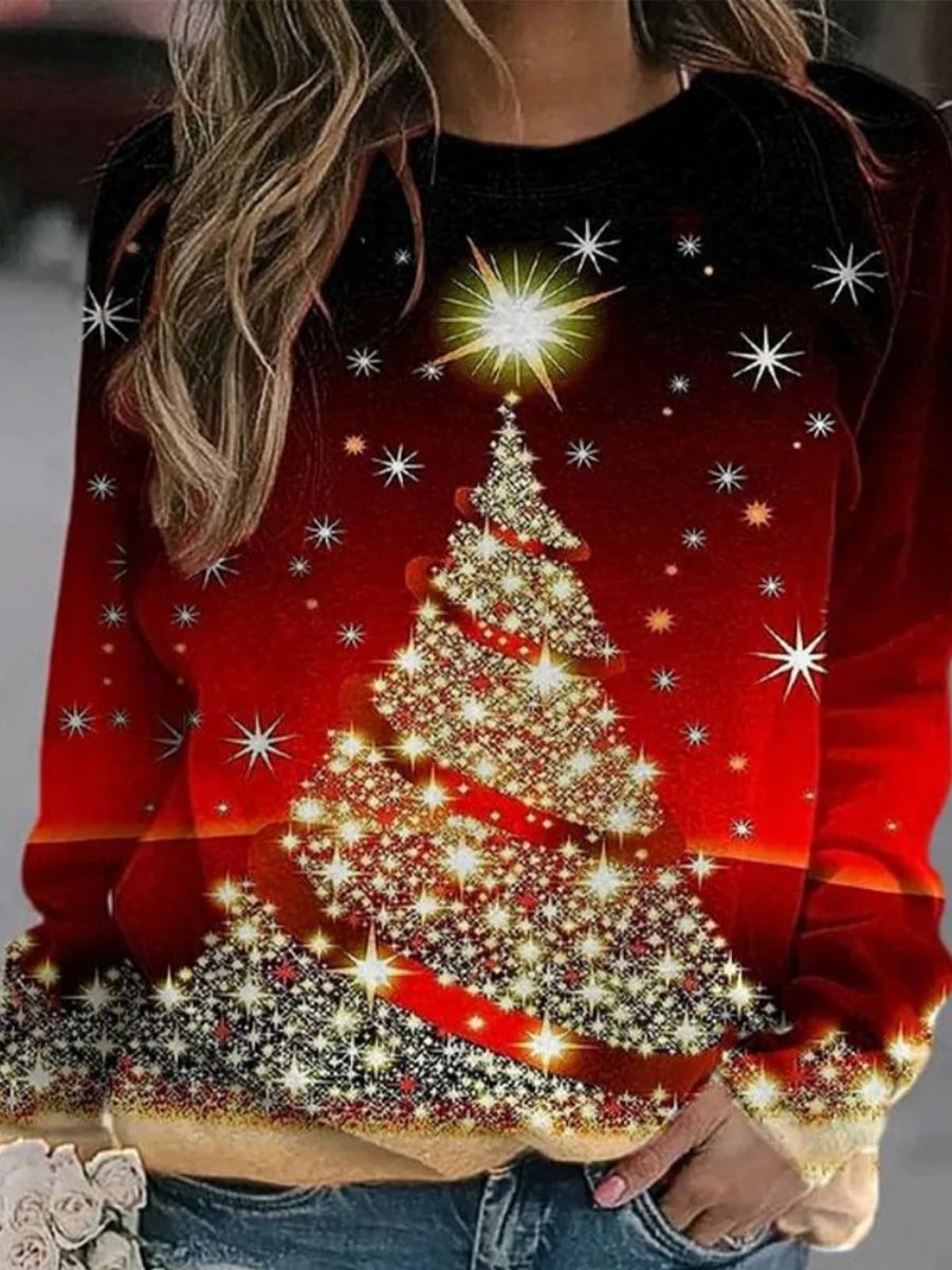 Comfysol Red Casual Graphic Tops Round Neck Christmas Tree Printed Long Sleeve Xmas Sweatshirts
