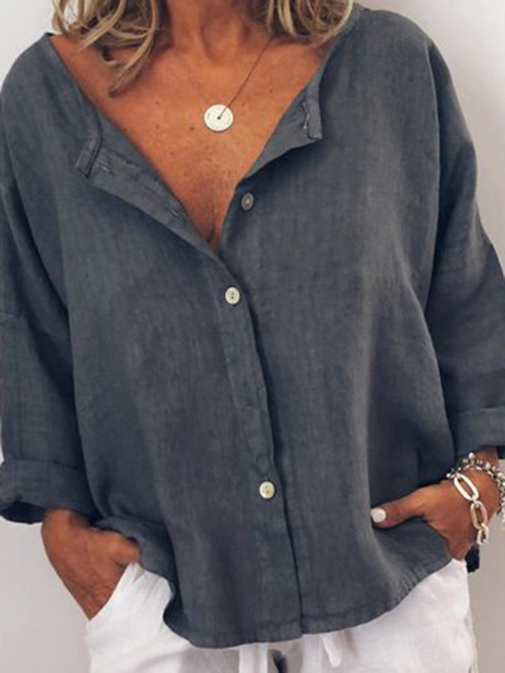 Comfysol Casual Solid V-neck Long Sleeve Buttoned Blouse