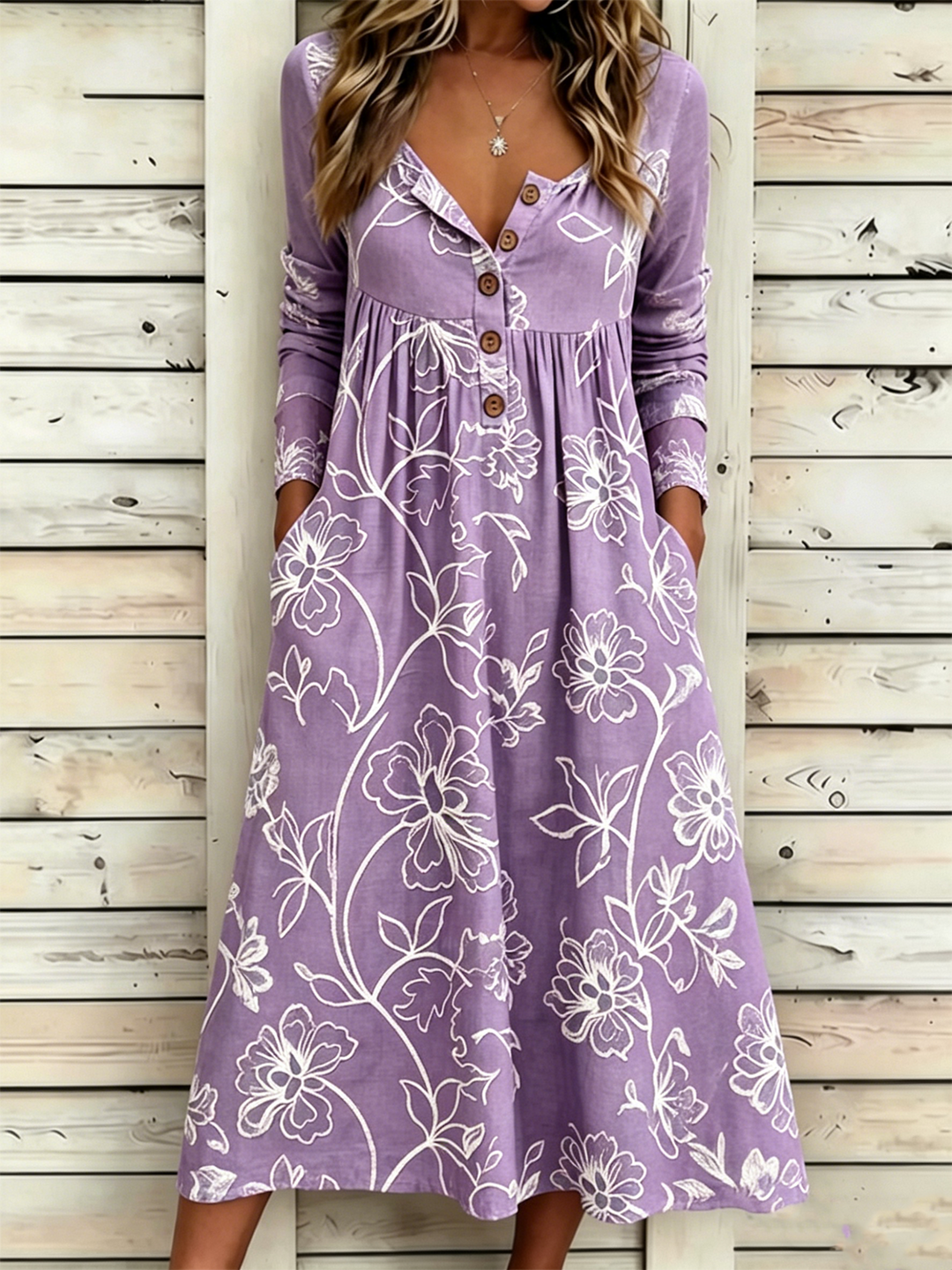 Vintage Floral Half-Open Collar Maxi Dress – Casual Boho A-Line Dress