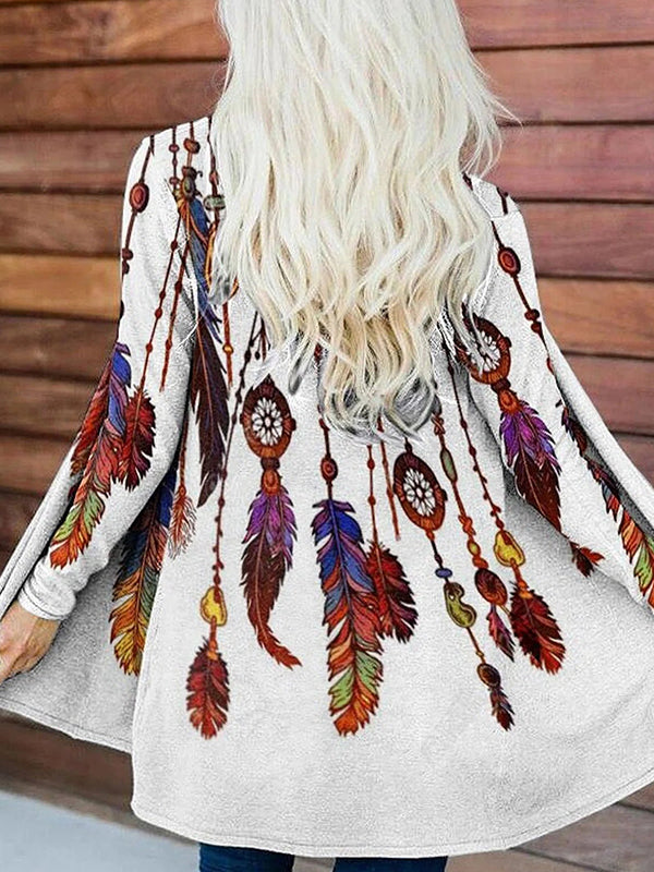 Comfysol Light Gray Casual Long Sleeve Feather Printed Cardigan