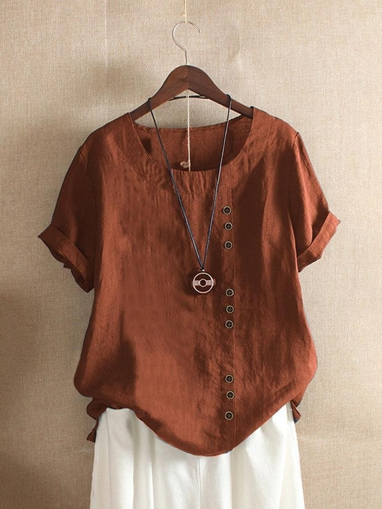 Comfysol Women's Vintage Loose Round Neck Button Short Sleeve Casual Cotton Blouse