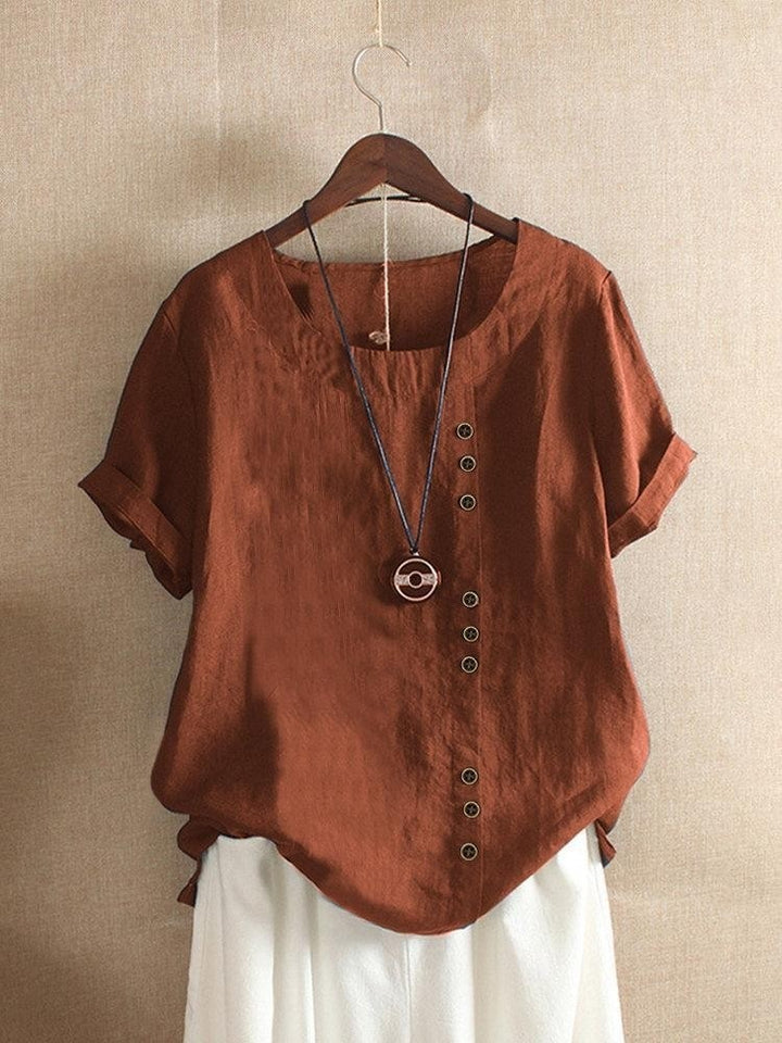 Comfysol Women's Vintage Loose Round Neck Button Short Sleeve Casual Cotton Blouse