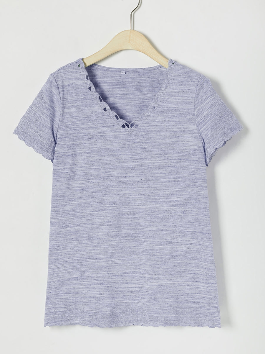 Comfysol Casual Solid Embroidery V-neck Short Sleeve T-shirt