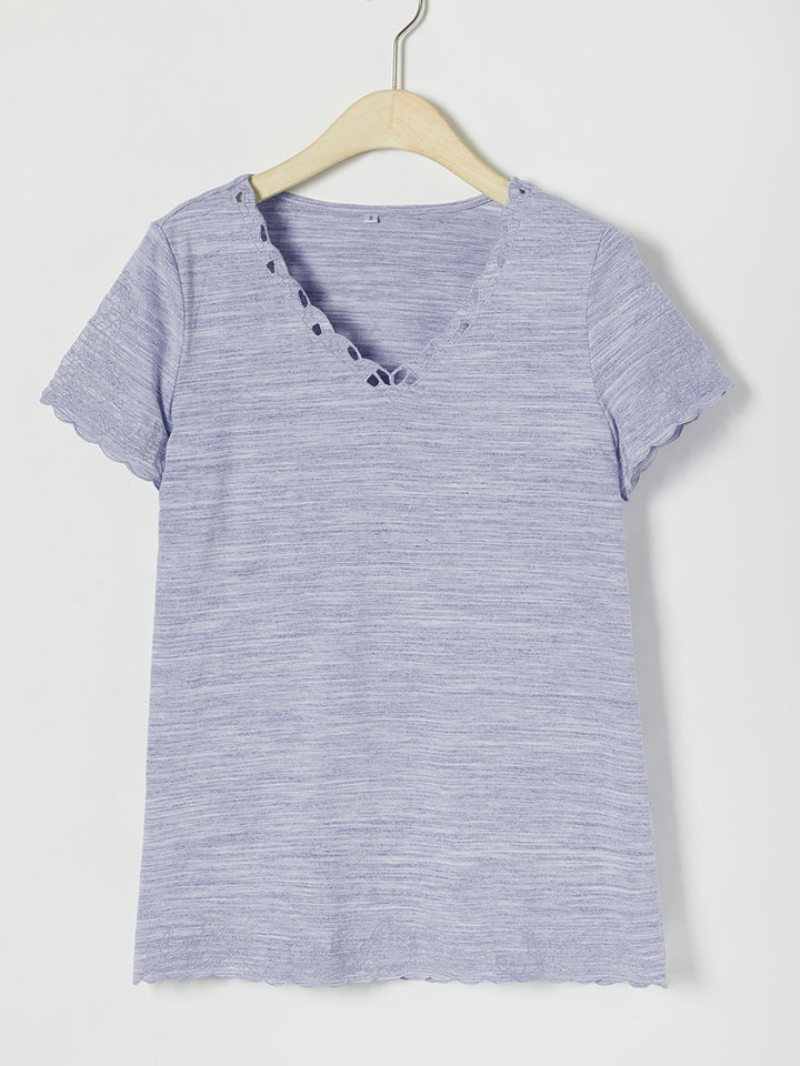 Comfysol Casual Solid Embroidery V-neck Short Sleeve T-shirt