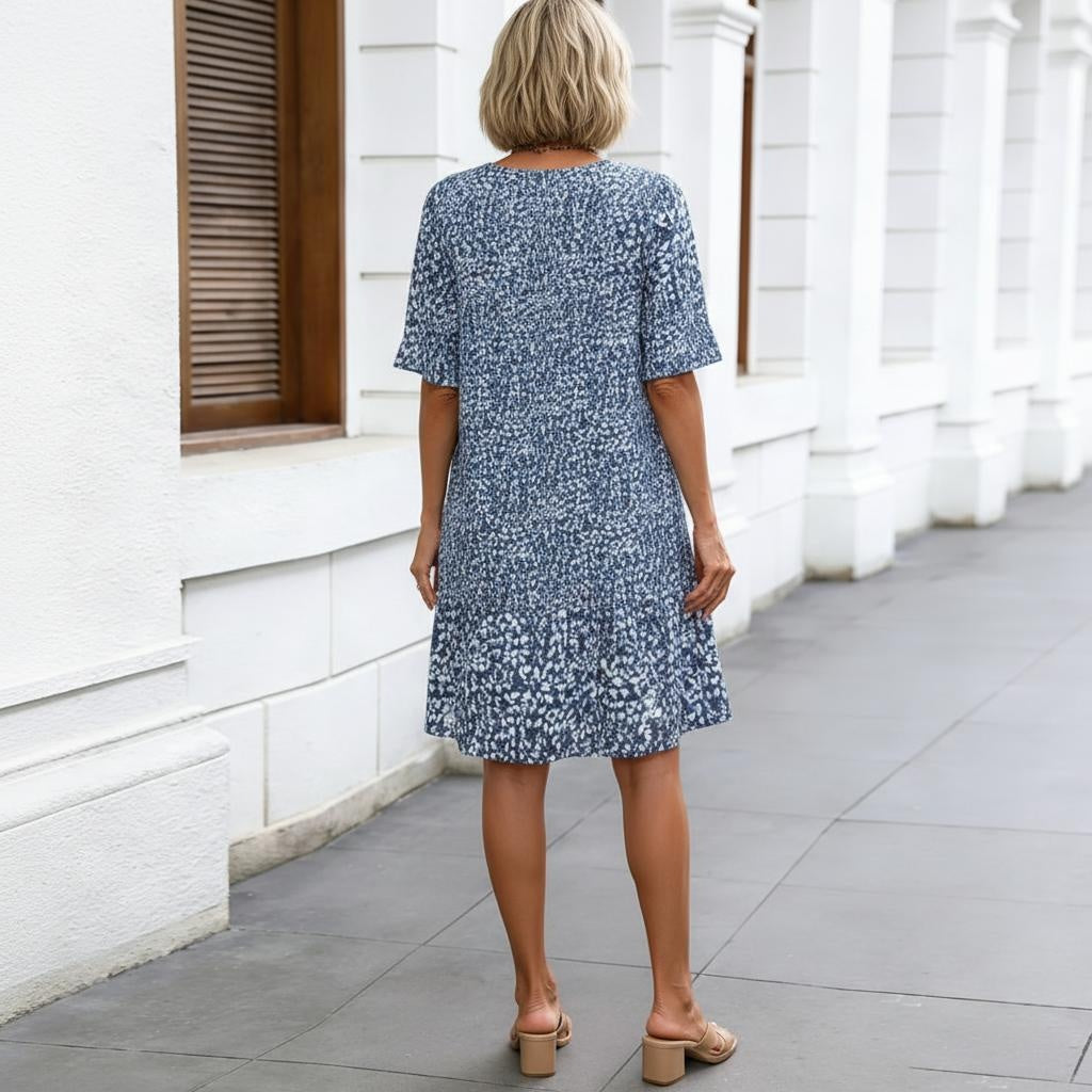 Blue White Floral V-Neck Tiered Shift Dress – Casual Ruffle Sleeve Summer Dress