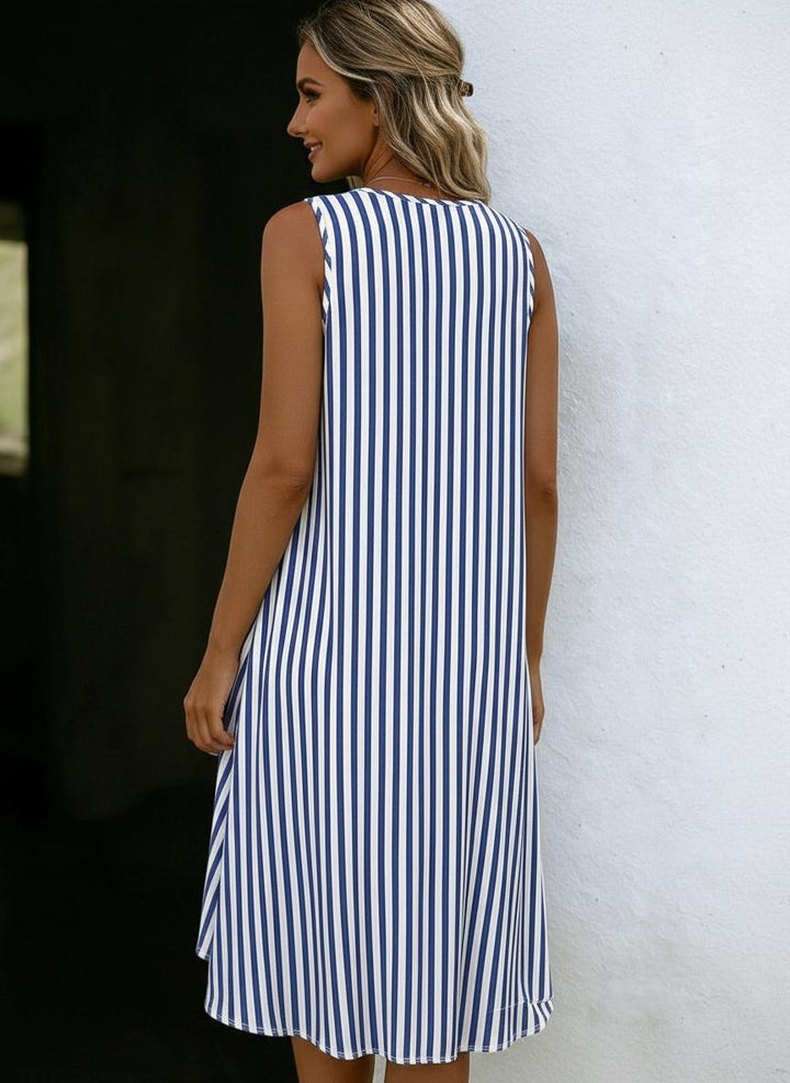 Simple V-Neck Sleeveless Striped Casual Midi Dress