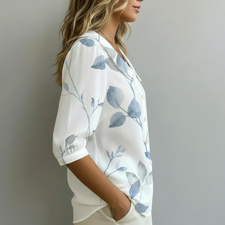 Watercolor Leaf Print Peter Pan Collar Blouse