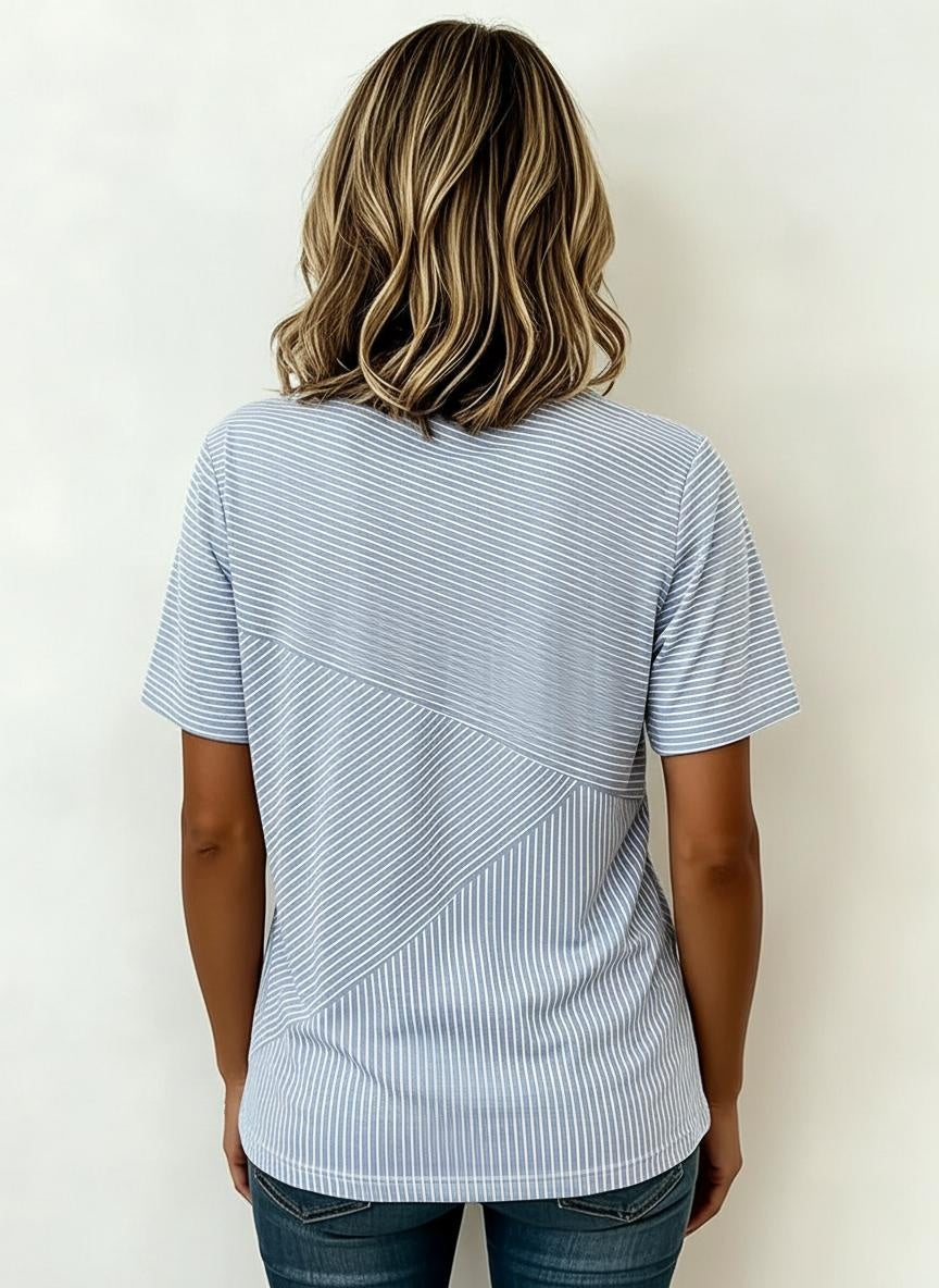 Blue White Diagonal Stripe Short Sleeve Crew Neck T-Shirt