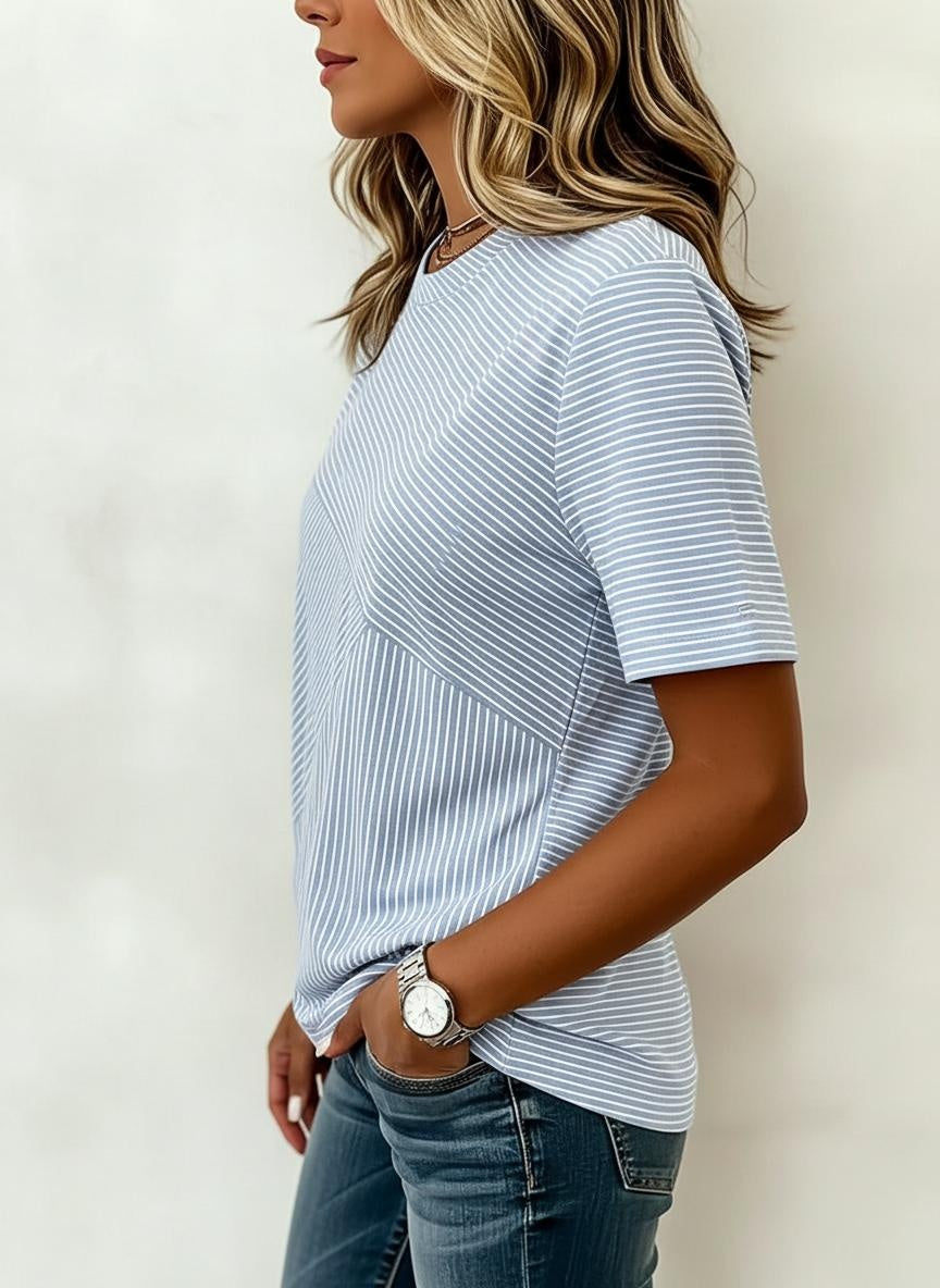 Blue White Diagonal Stripe Short Sleeve Crew Neck T-Shirt