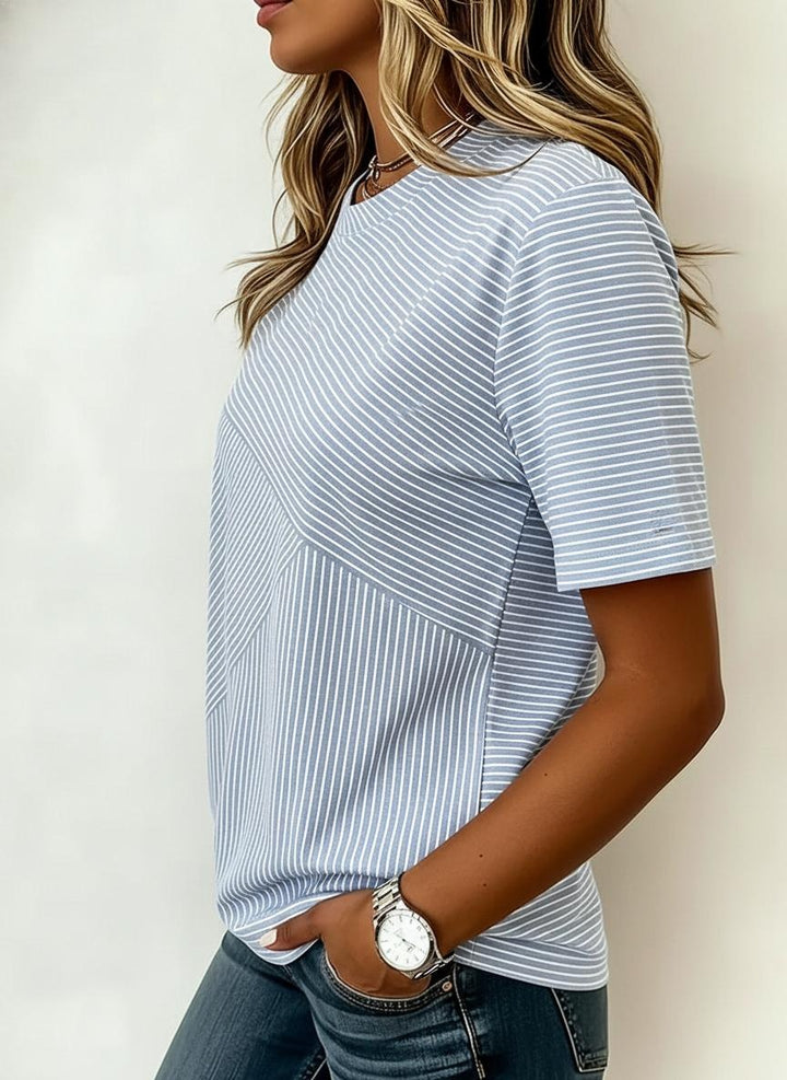 Blue White Diagonal Stripe Short Sleeve Crew Neck T-Shirt