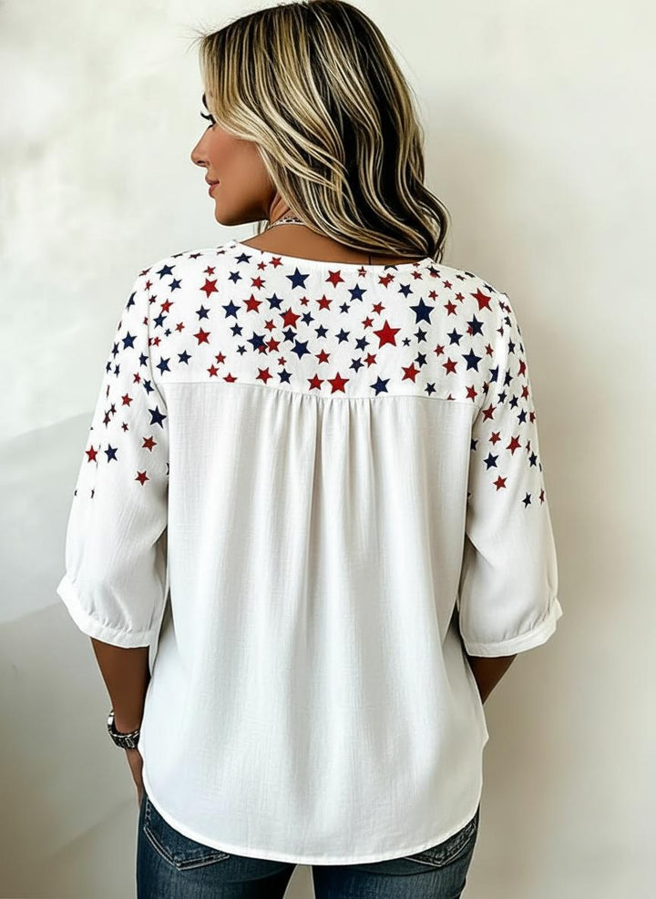 Patriotic Star Print Button-Detail Casual Blouse