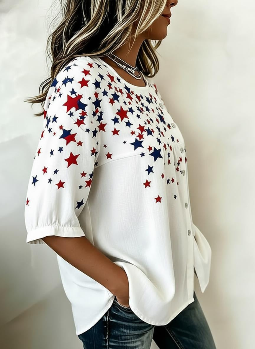 Patriotic Star Print Button-Detail Casual Blouse