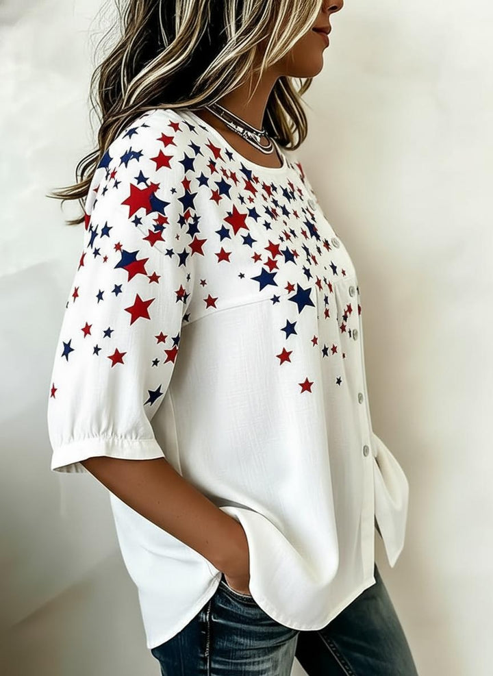 Patriotic Star Print Button-Detail Casual Blouse