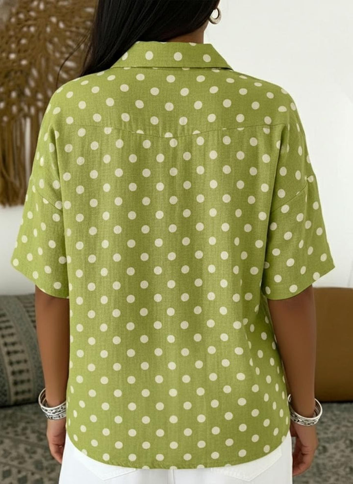 Green White Polka Dot Half Placket Linen Shirt