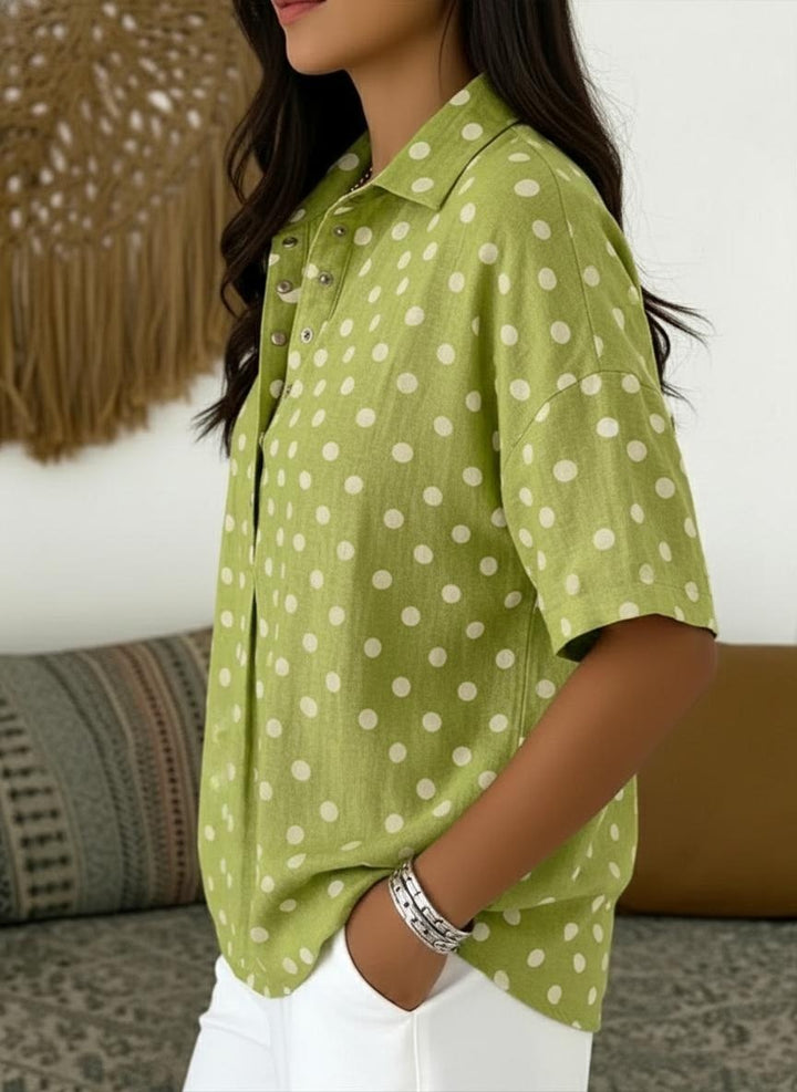 Green White Polka Dot Half Placket Linen Shirt