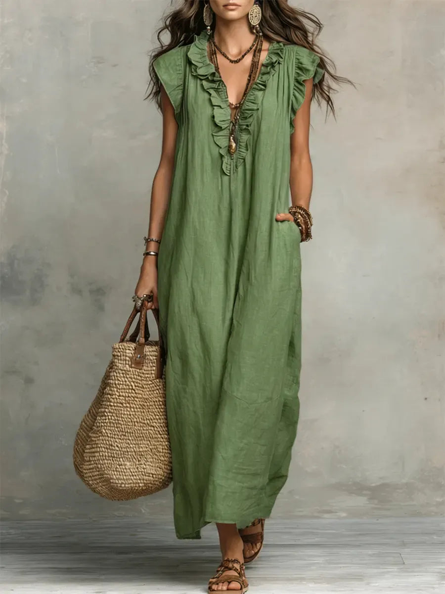 Elegant Ruffled Cotton Linen Dress – Casual Loose Fit Midi Dress